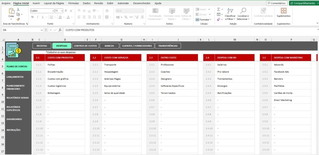 Planilha Controle Financeiro Completo com Centro de Custos em Excel ...
