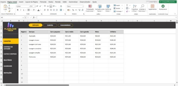Planilha de Controle para Lavagem de Carros - Lavacar - Em excel - Imagem 2
