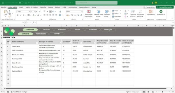 Planilha para Locação de Materiais para Eventos em Excel - Imagem 4