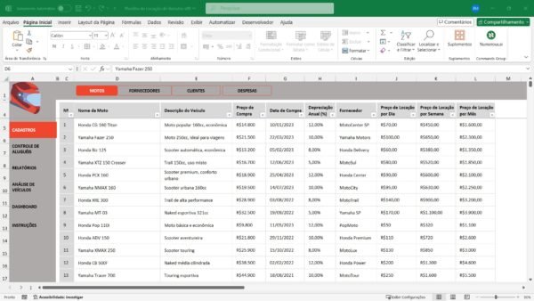 Planilha para Controle de Aluguel de Motos Em Excel - Imagem 2