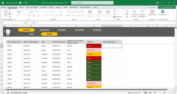 Planilha de Controle de Reprodução e Cio em Excel - Imagem 6