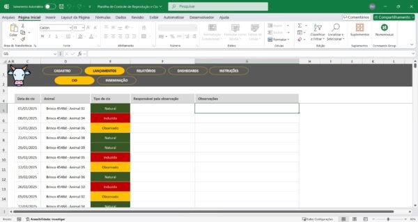 Planilha de Controle de Reprodução e Cio em Excel - Imagem 7