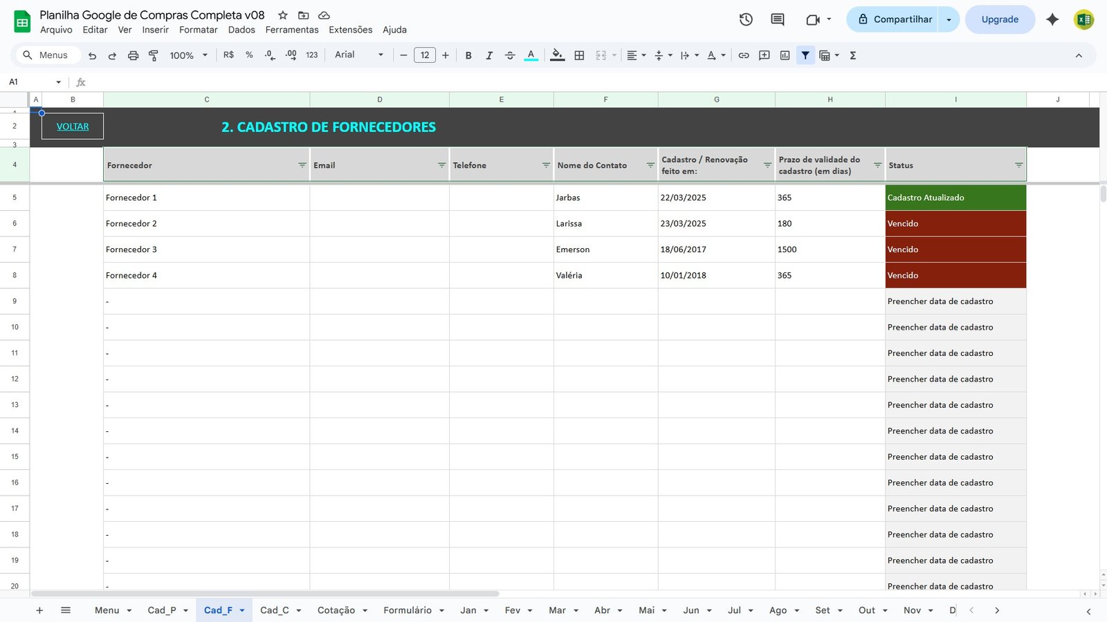 Planilha de Controle de Compras e Cotações no Google Sheets - Imagem 6