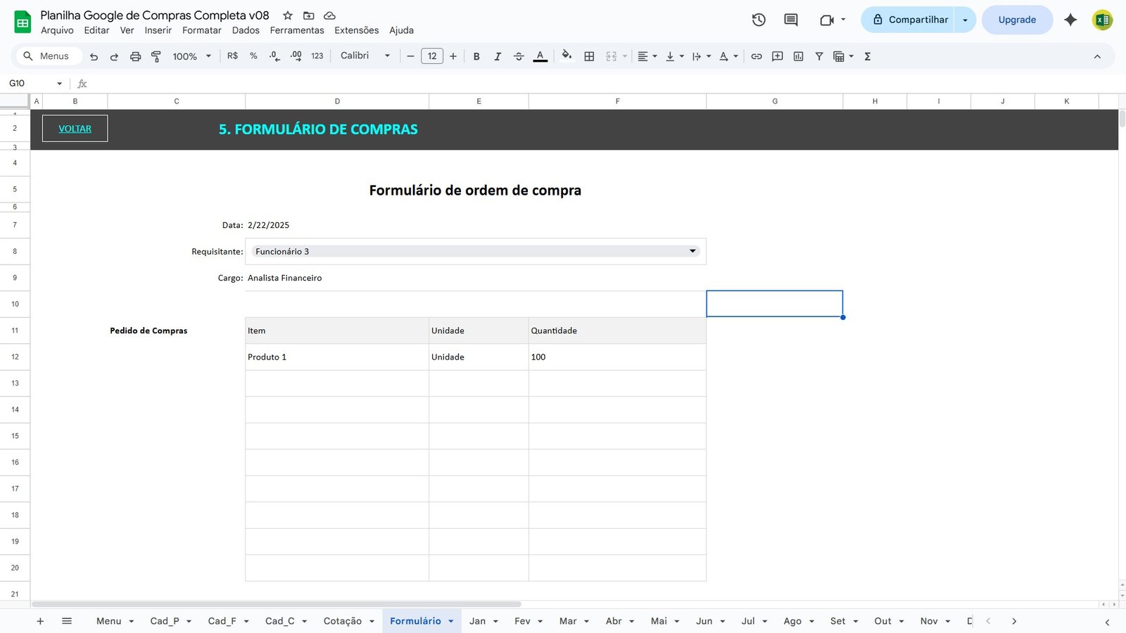 Planilha de Controle de Compras e Cotações no Google Sheets - Imagem 7