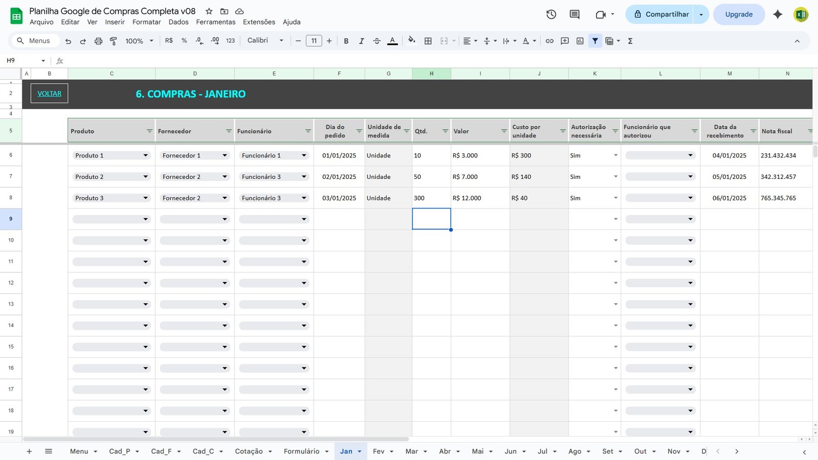 Planilha de Controle de Compras e Cotações no Google Sheets - Imagem 8