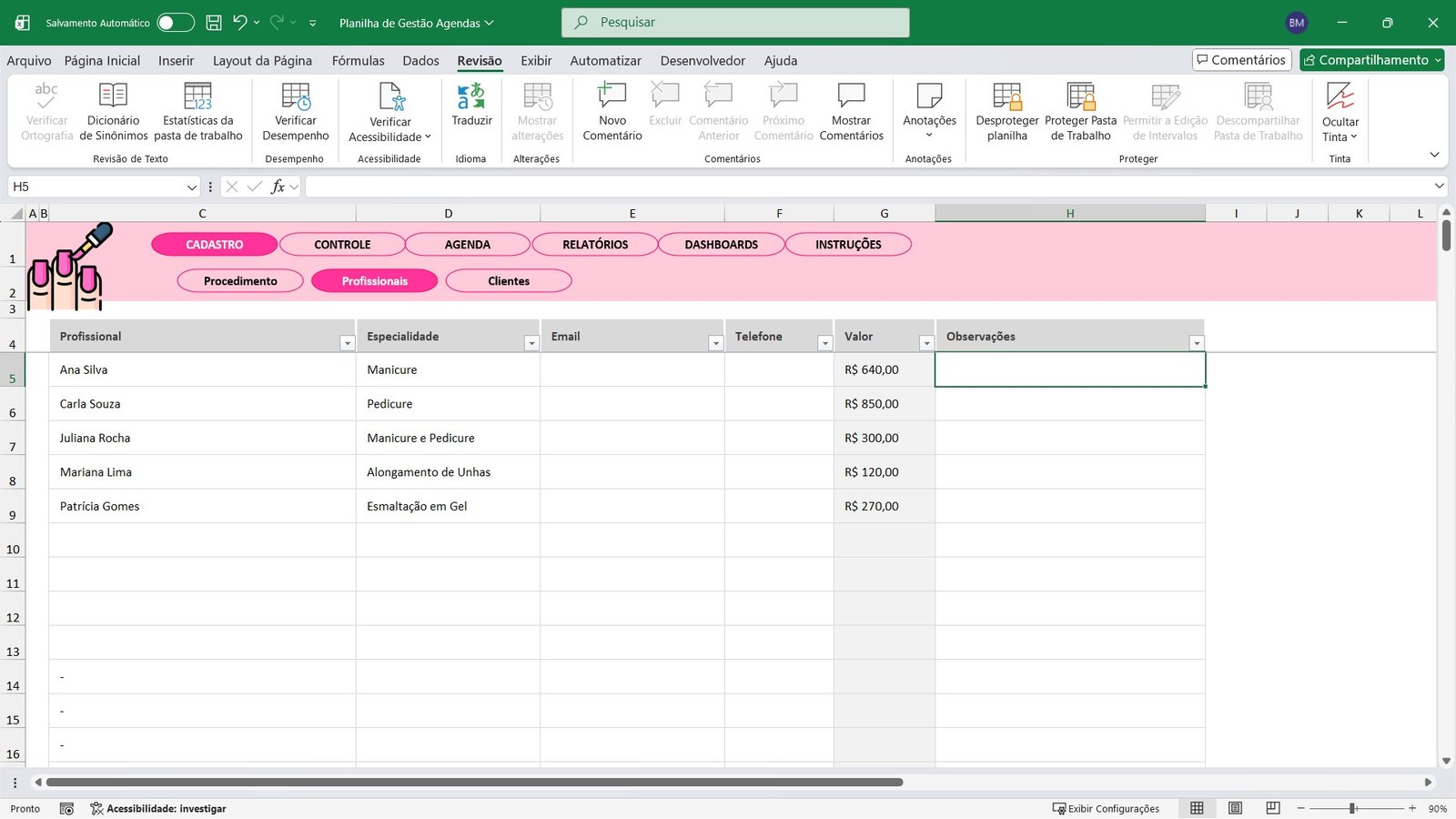 Planilha de Controle de Agenda para Salão Manicure em Excel - Imagem 3
