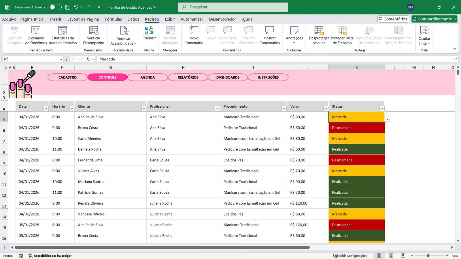 Planilha de Controle de Agenda para Salão Manicure em Excel - Imagem 5