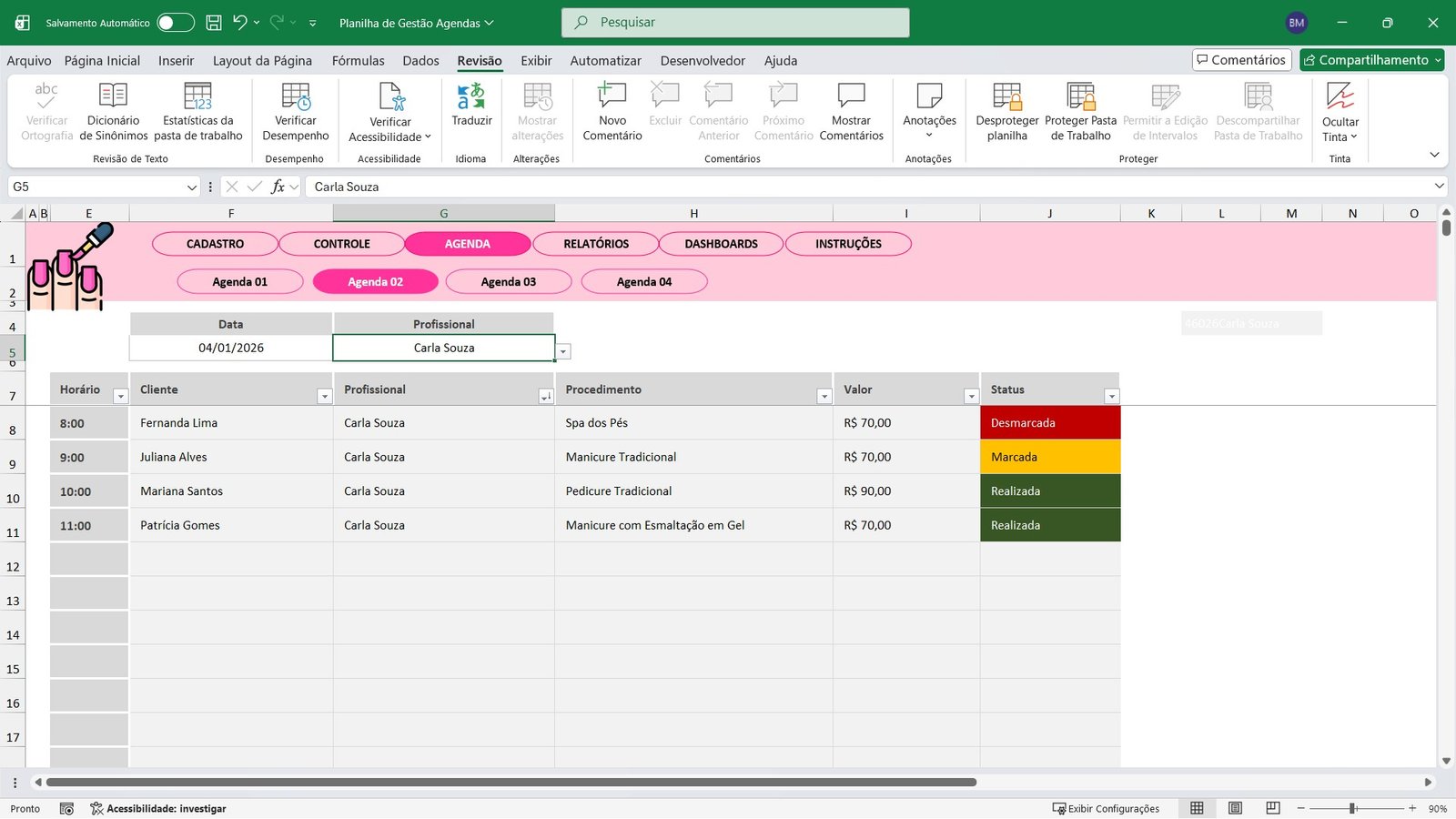 Planilha de Controle de Agenda para Salão Manicure em Excel - Imagem 6