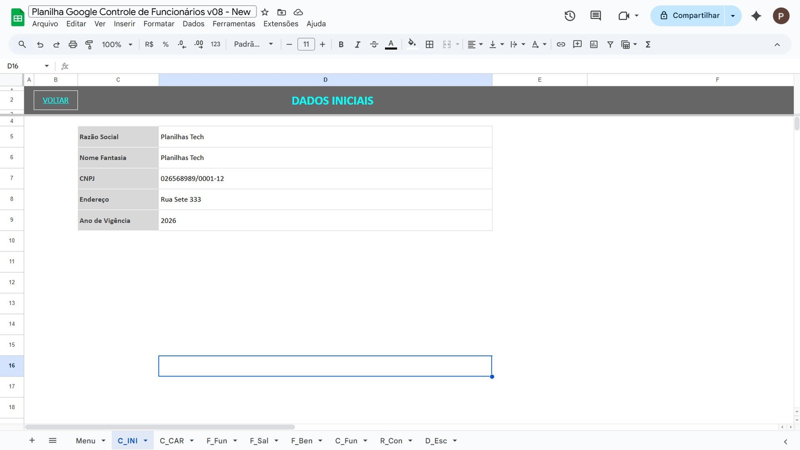 Planilha para Controle de Funcionários no Google Sheets - Imagem 2