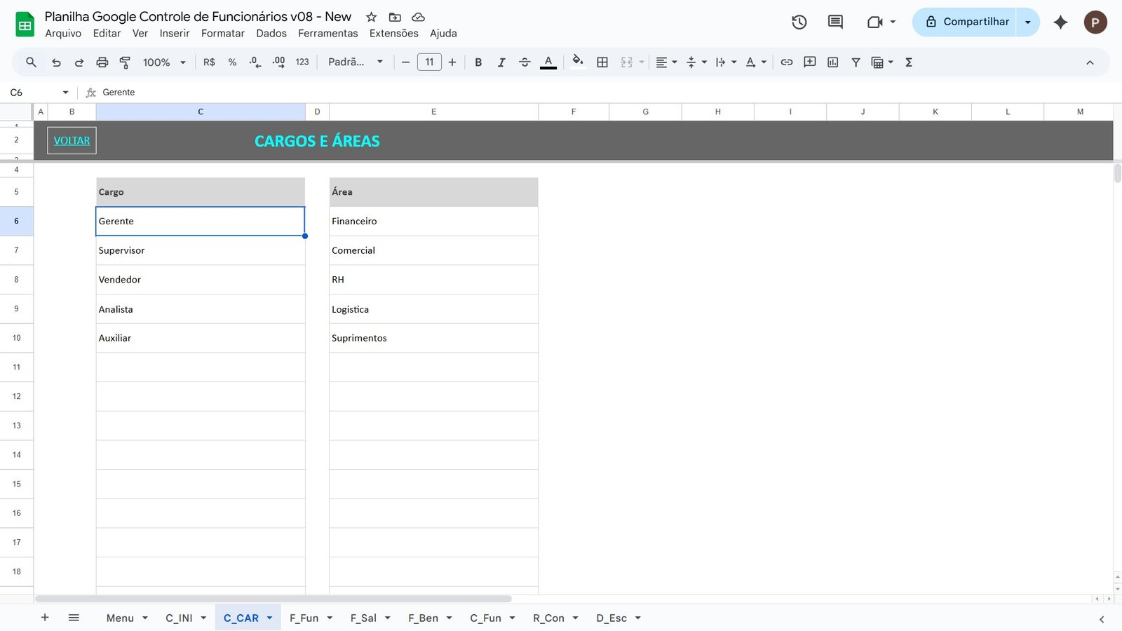Planilha para Controle de Funcionários no Google Sheets - Imagem 3