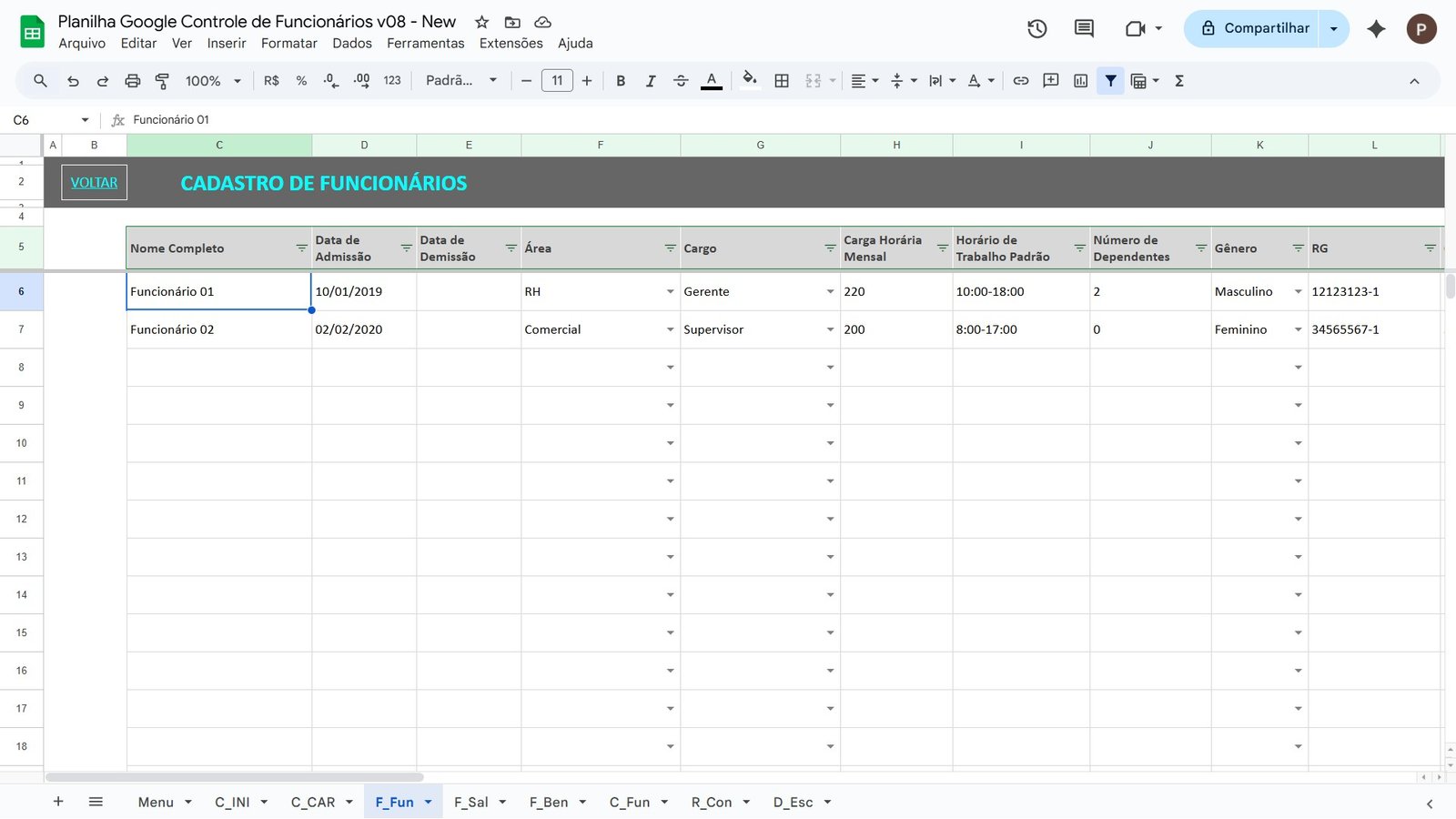 Planilha para Controle de Funcionários no Google Sheets - Imagem 4