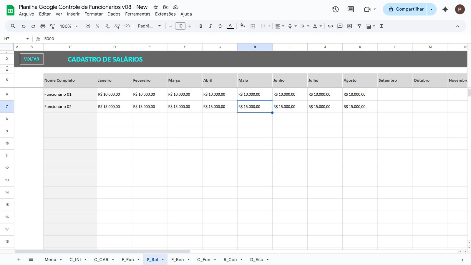 Planilha para Controle de Funcionários no Google Sheets - Imagem 5