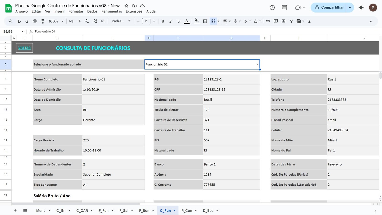Planilha para Controle de Funcionários no Google Sheets - Imagem 7