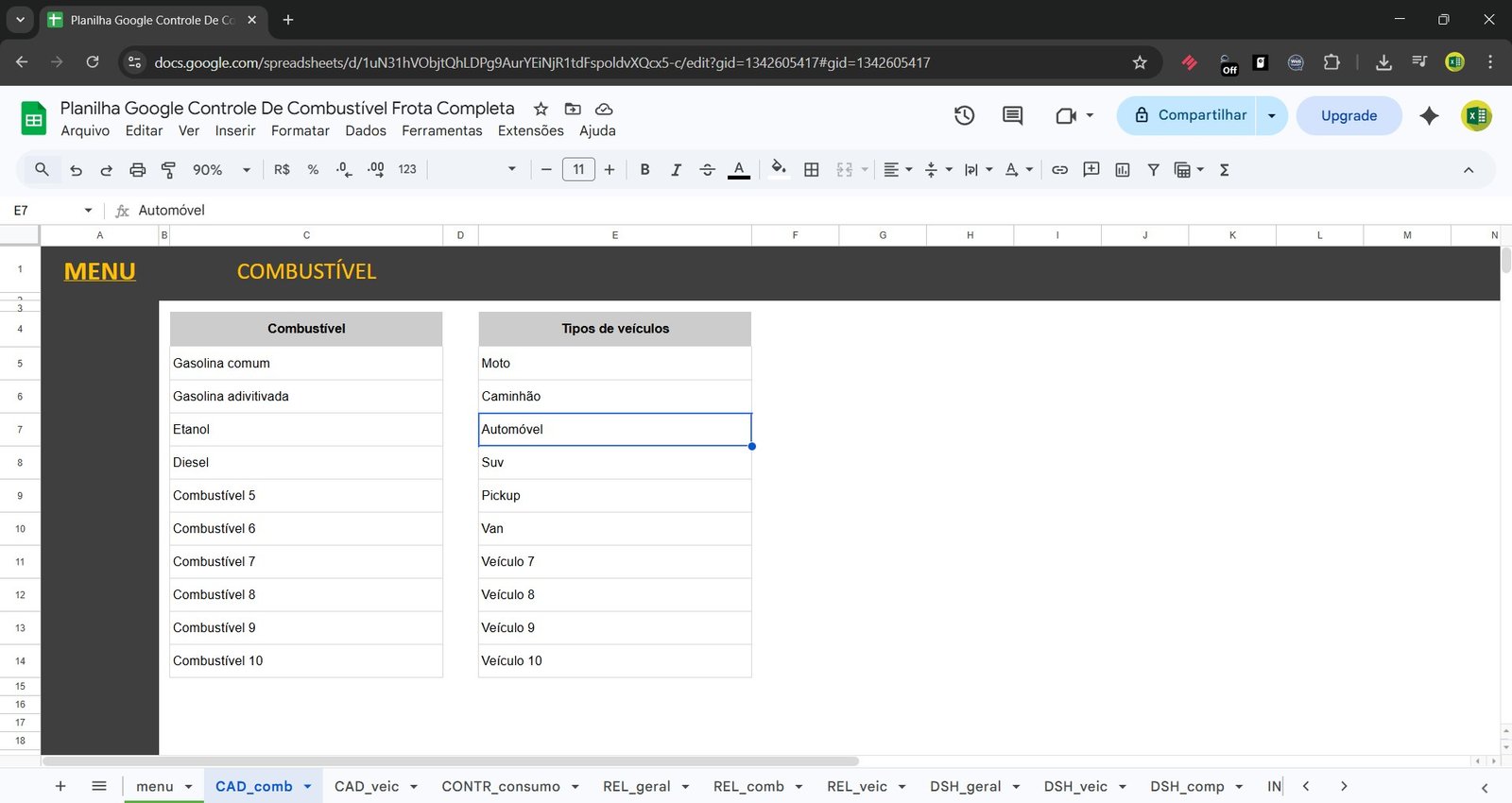 Planilha Google de Controle de Combustível da Frota Google Sheets - Imagem 7