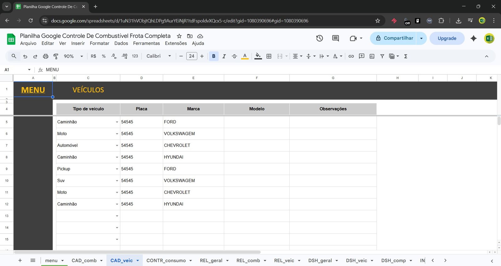 Planilha Google de Controle de Combustível da Frota Google Sheets - Imagem 8