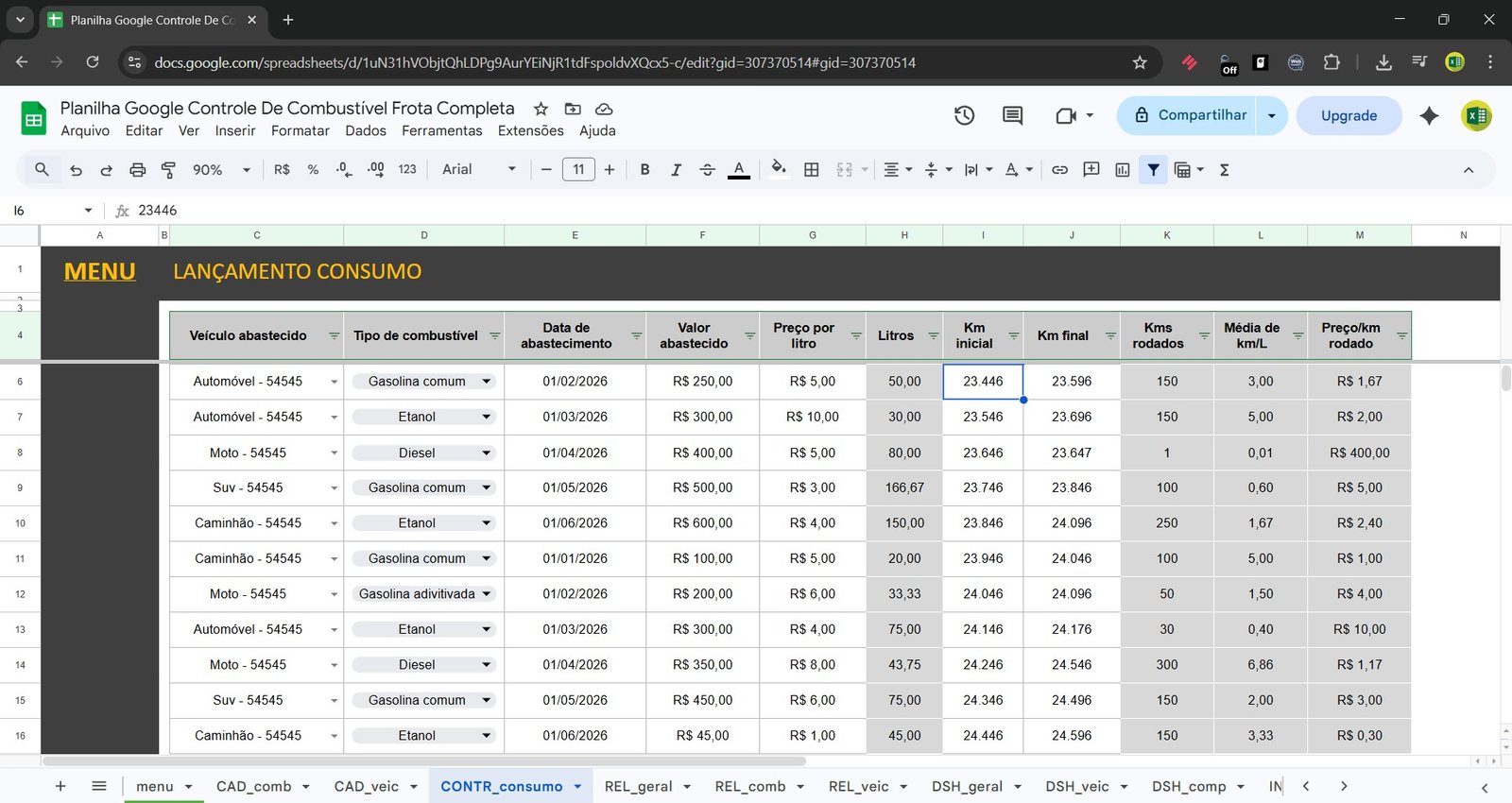 Planilha Google de Controle de Combustível da Frota Google Sheets - Imagem 9