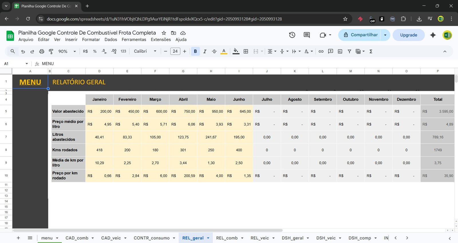 Planilha Google de Controle de Combustível da Frota Google Sheets - Imagem 4