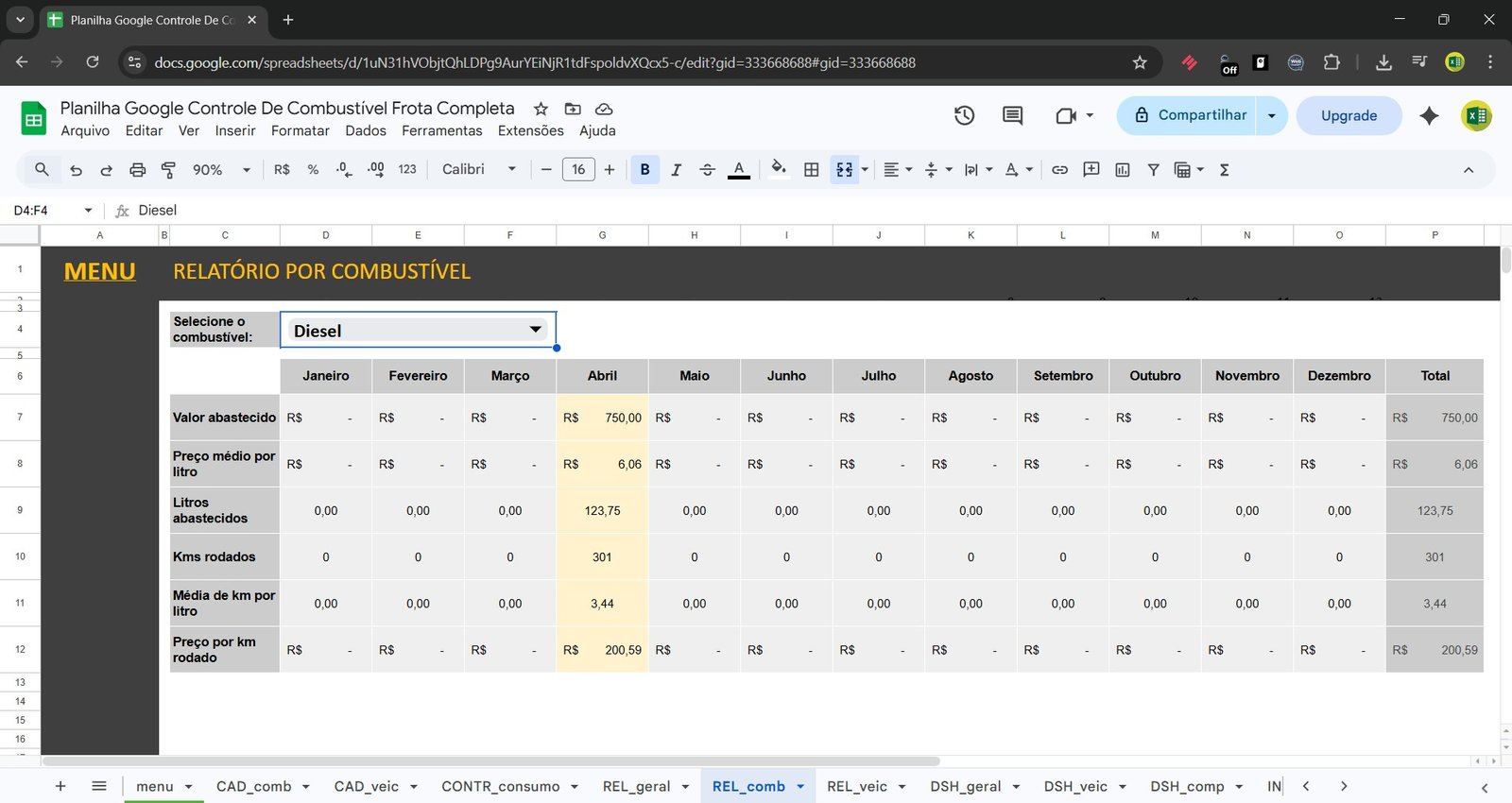 Planilha Google de Controle de Combustível da Frota Google Sheets - Imagem 10