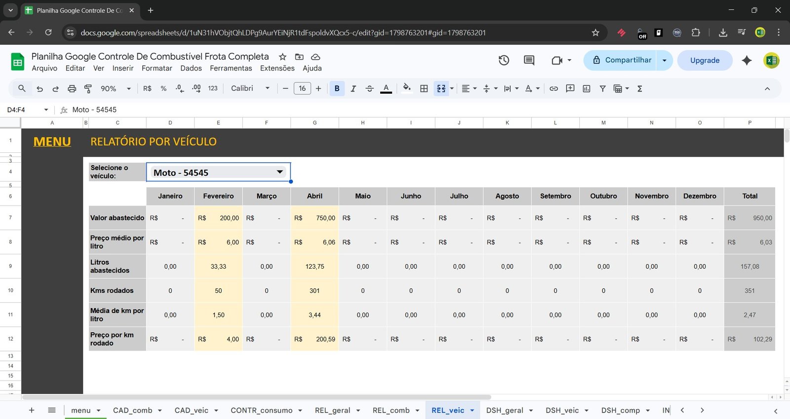 Planilha Google de Controle de Combustível da Frota Google Sheets - Imagem 11