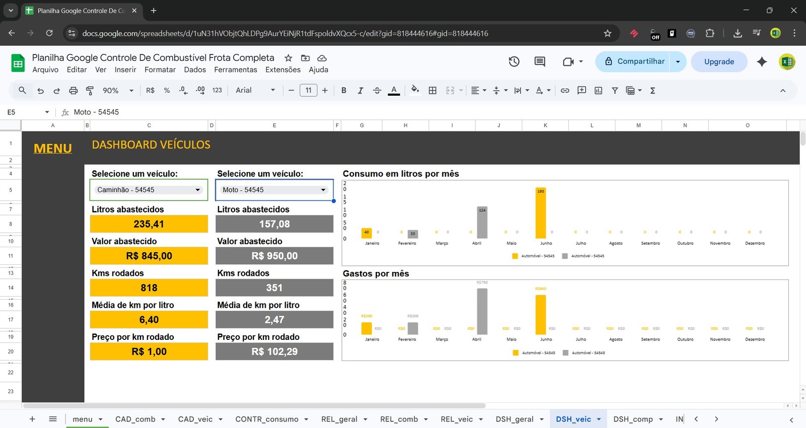 Planilha Google de Controle de Combustível da Frota Google Sheets - Imagem 3