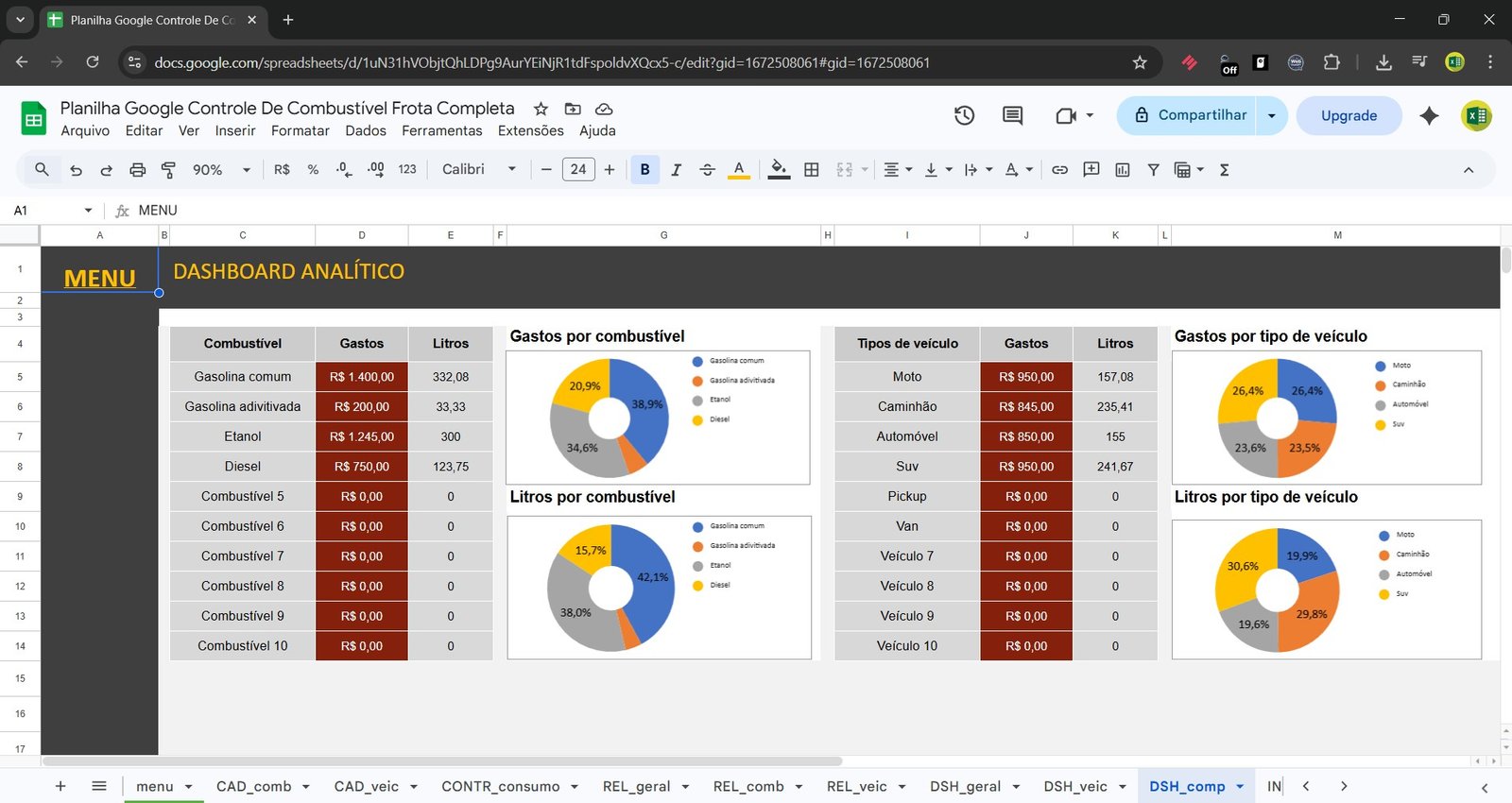 Planilha Google de Controle de Combustível da Frota Google Sheets - Imagem 6