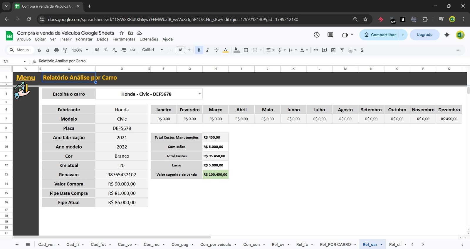 Planilha Google de Compra e Venda de Veículos - Imagem 3