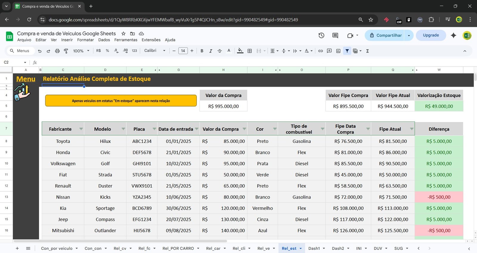 Planilha Google de Compra e Venda de Veículos - Imagem 4