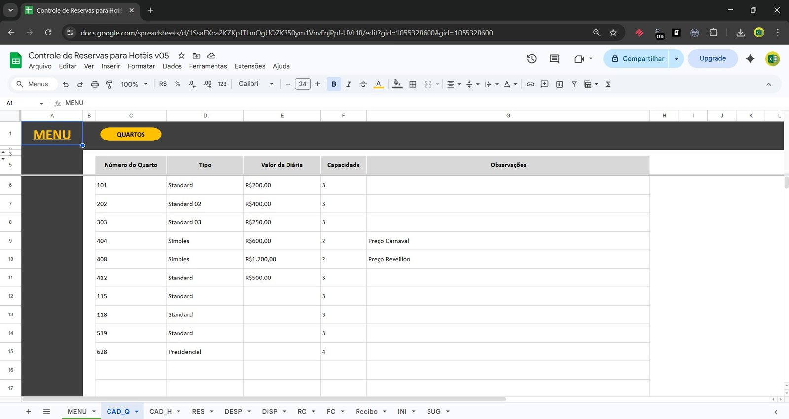 Planilha Google de Controle de Reservas para Pousadas Hotéis e Hostel - Imagem 10