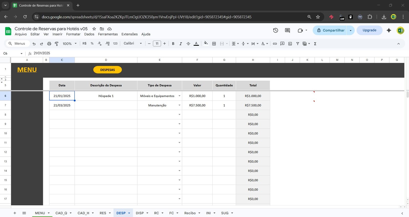 Planilha Google de Controle de Reservas para Pousadas Hotéis e Hostel - Imagem 7