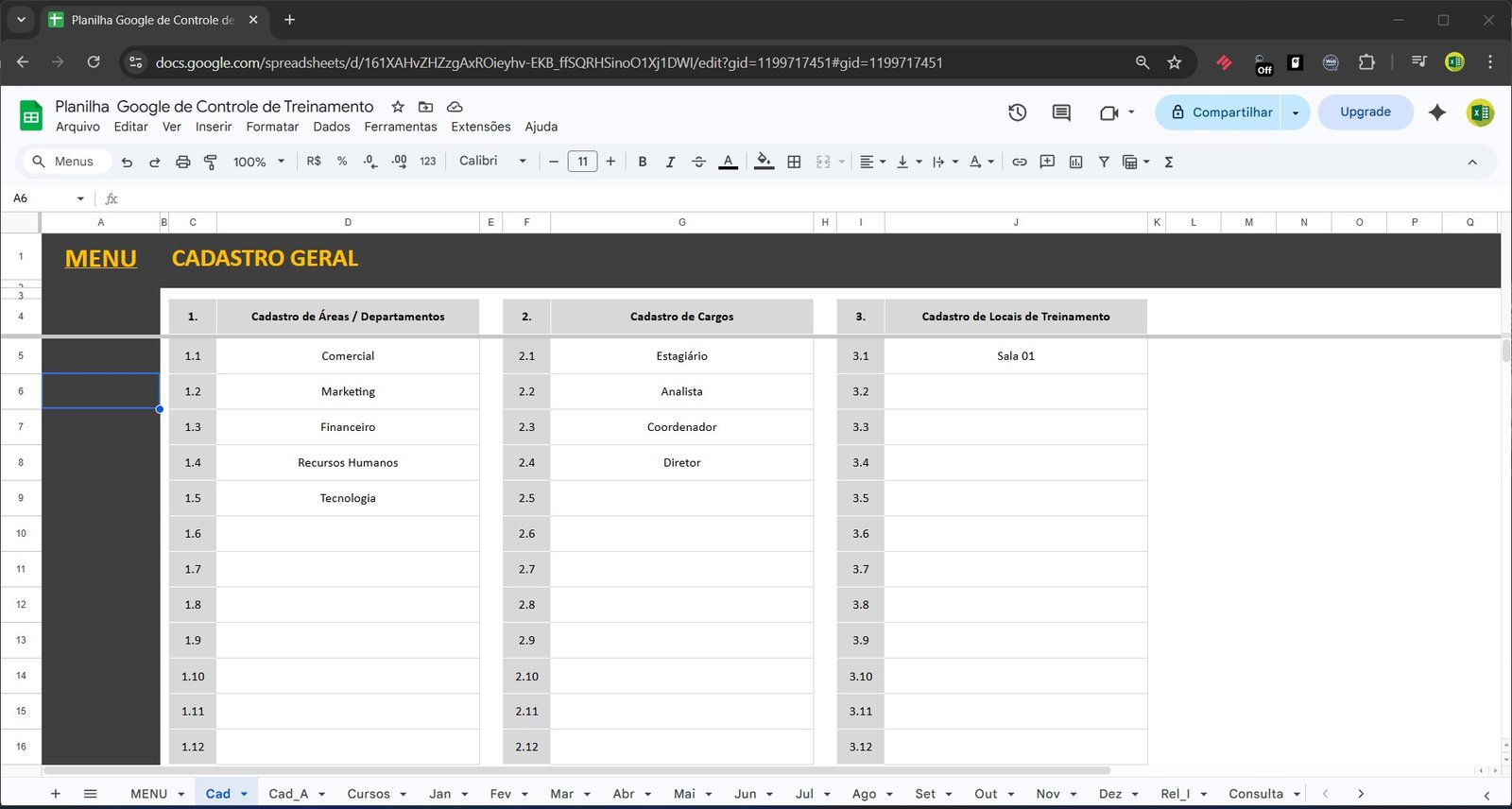 Planilha Google de Controle de Treinamento no Google Sheets - Imagem 6