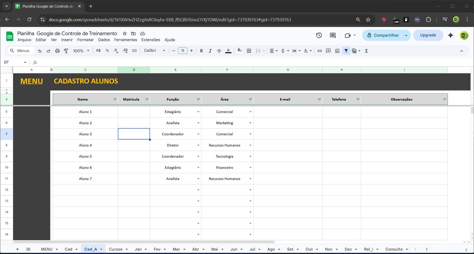 Planilha Google de Controle de Treinamento no Google Sheets - Imagem 7