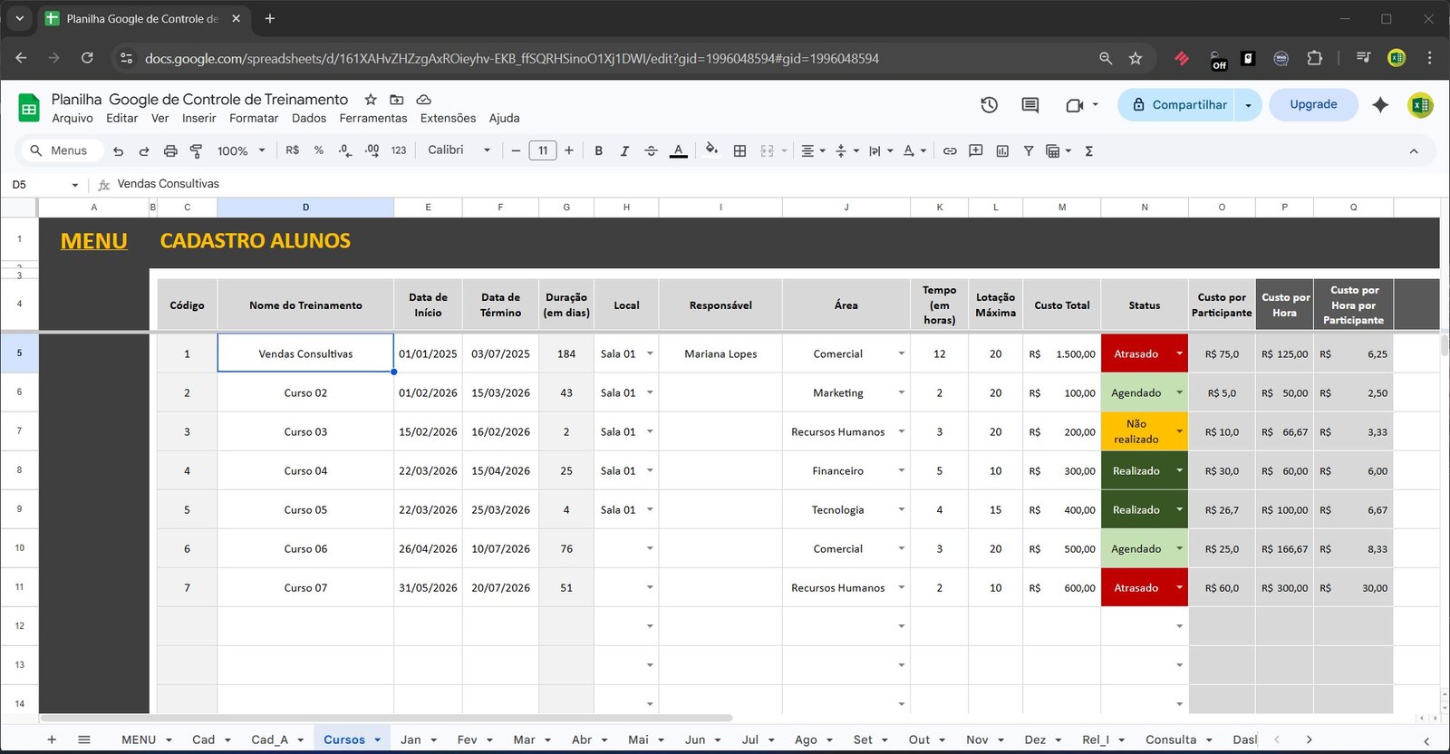 Planilha Google de Controle de Treinamento no Google Sheets - Imagem 8