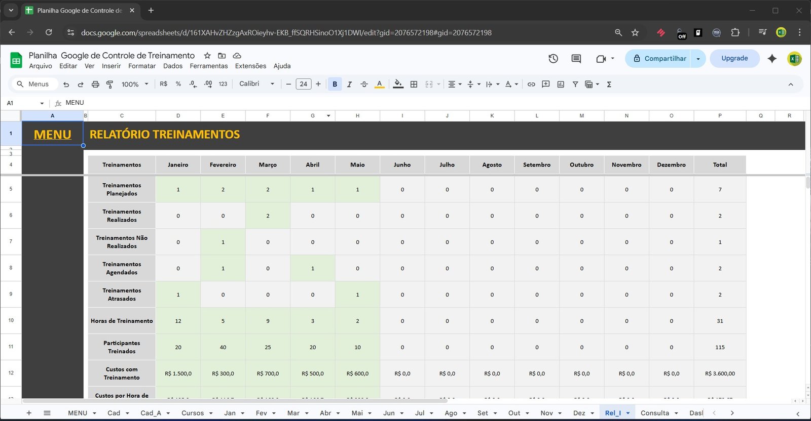 Planilha Google de Controle de Treinamento no Google Sheets - Imagem 5
