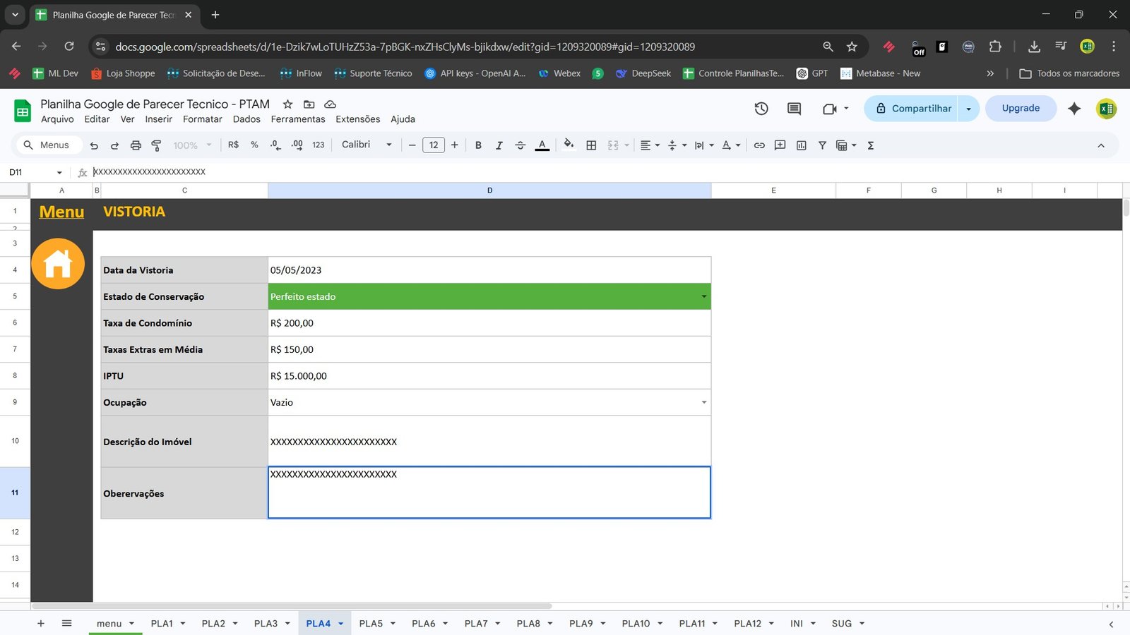 Planilha Google de Parecer Técnico Imobiliário PTAM no Google Sheets - Imagem 9