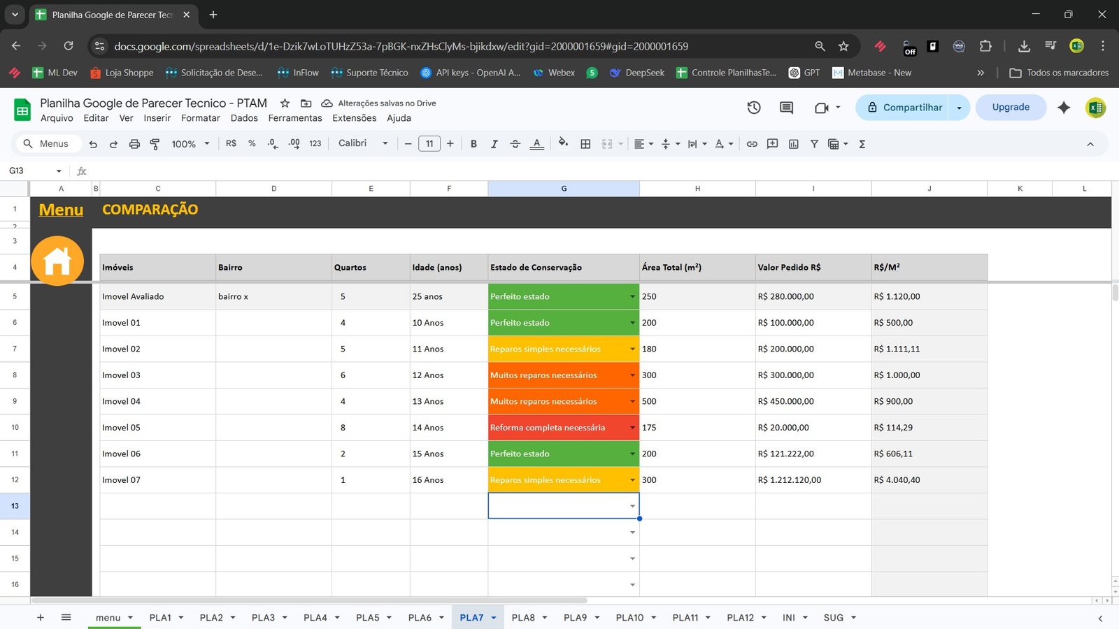 Planilha Google de Parecer Técnico Imobiliário PTAM no Google Sheets - Imagem 6