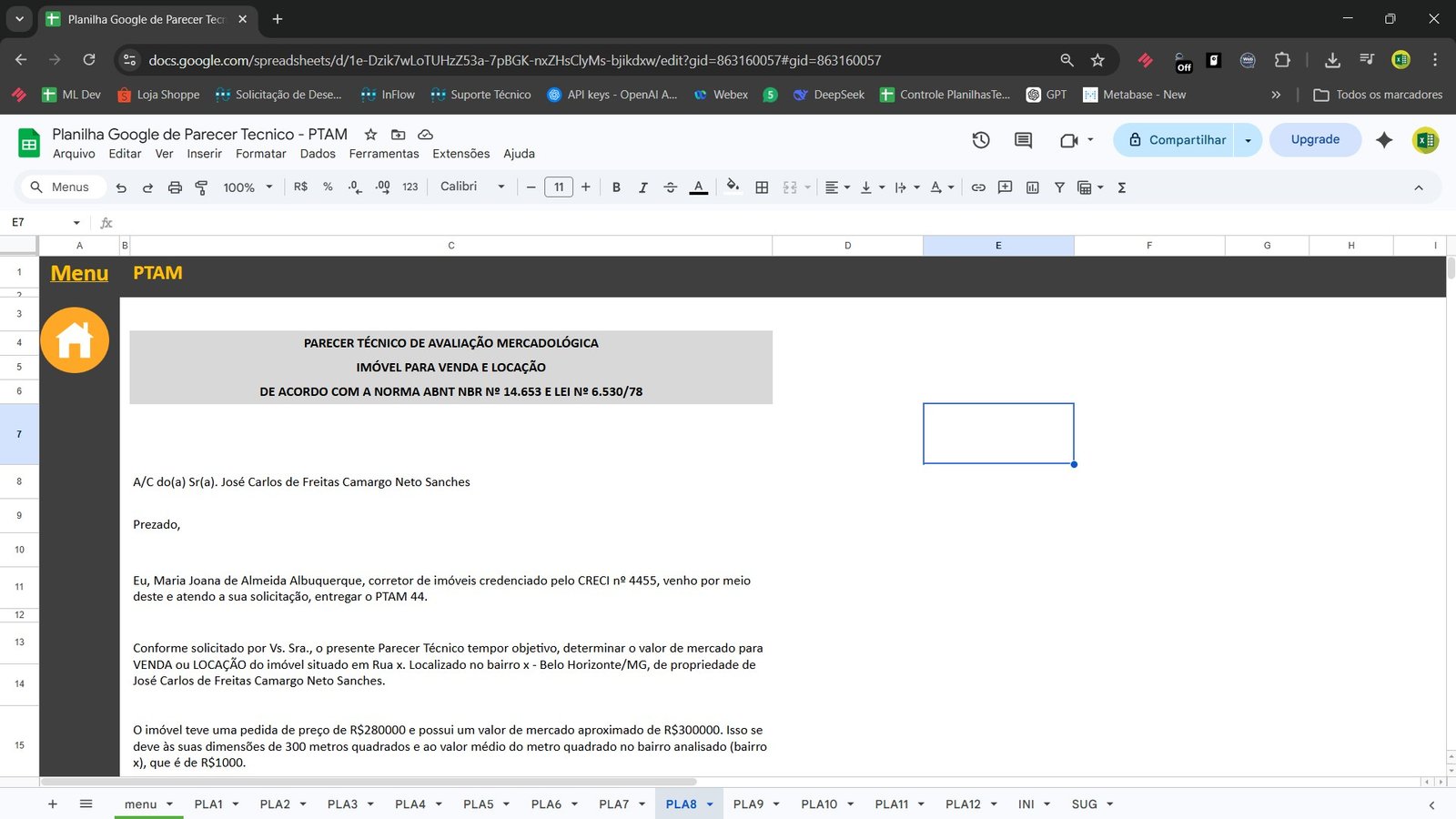 Planilha Google de Parecer Técnico Imobiliário PTAM no Google Sheets - Imagem 7