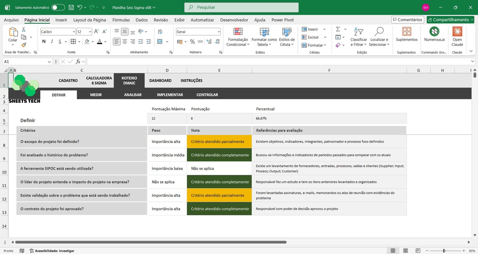 Planilha Lean 6 Sigma DMAIC em Excel - Imagem 7