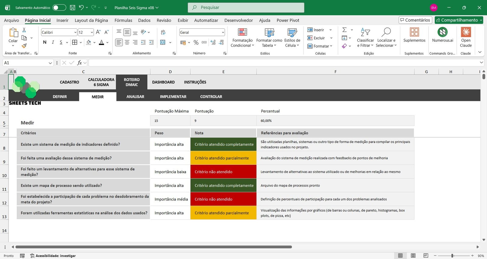 Planilha Lean 6 Sigma DMAIC em Excel - Imagem 3
