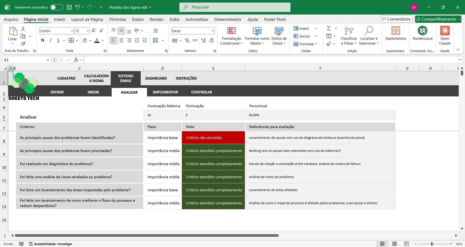 Planilha Lean 6 Sigma DMAIC em Excel - Imagem 2