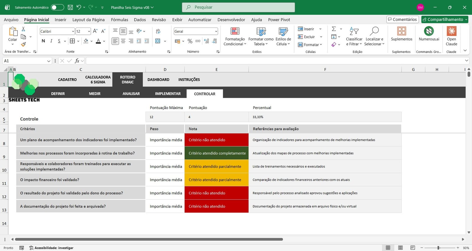 Planilha Lean 6 Sigma DMAIC em Excel - Imagem 9