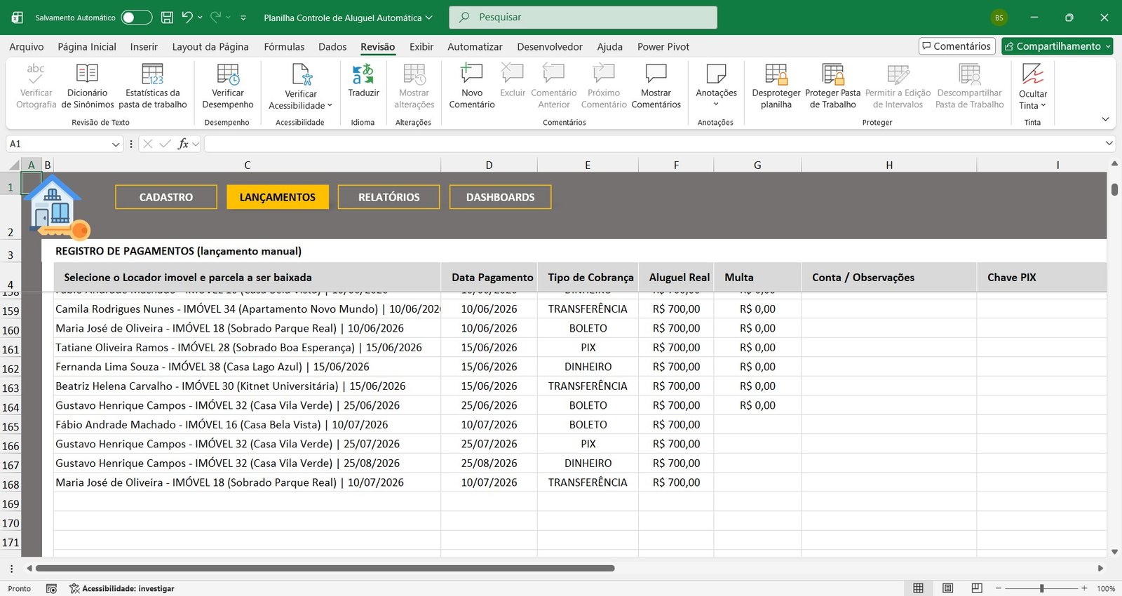 Planilha de Controle de Recebimento de Aluguéis em Excel - Imagem 7