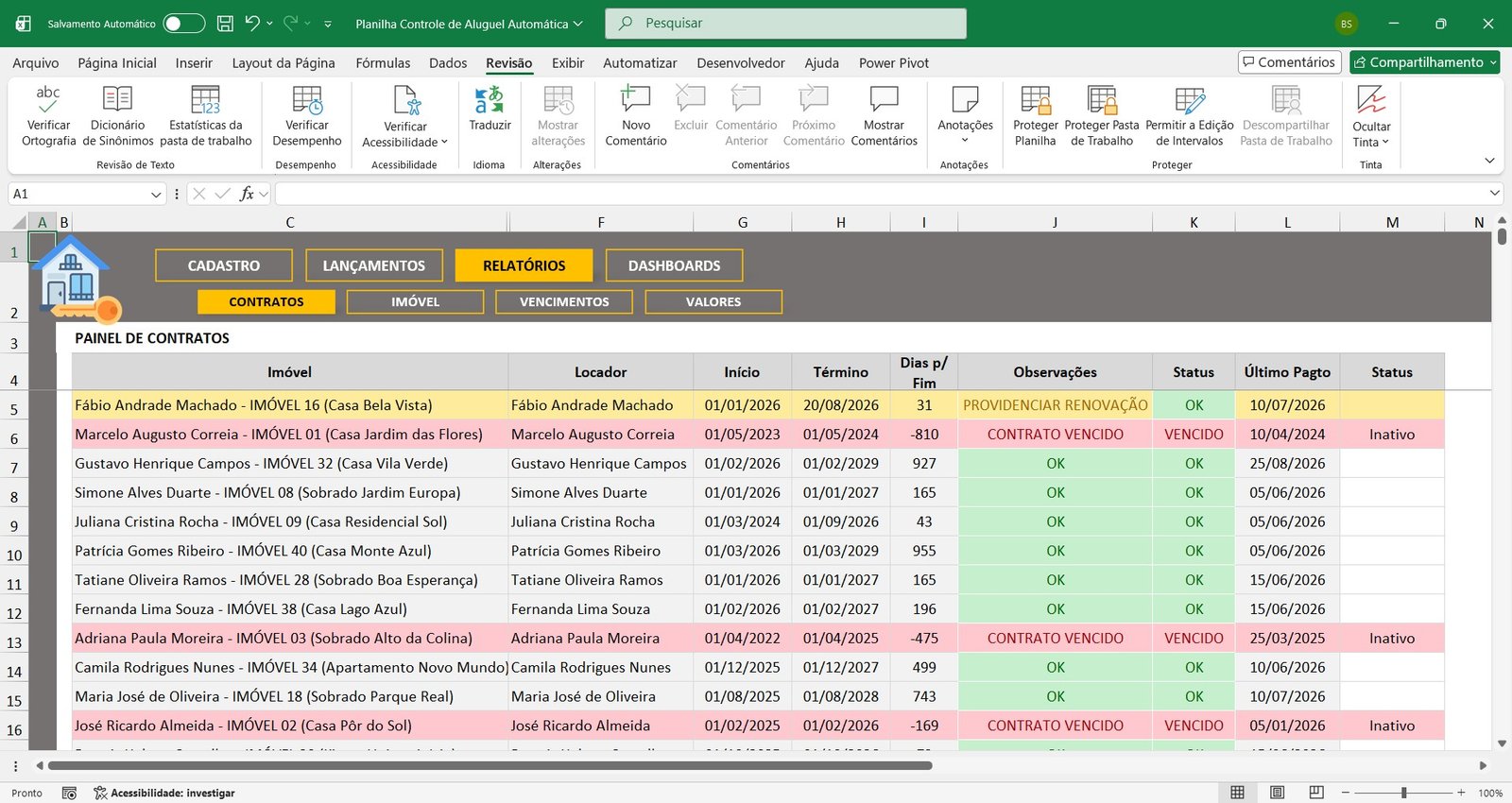 Planilha de Controle de Recebimento de Aluguéis em Excel - Imagem 8
