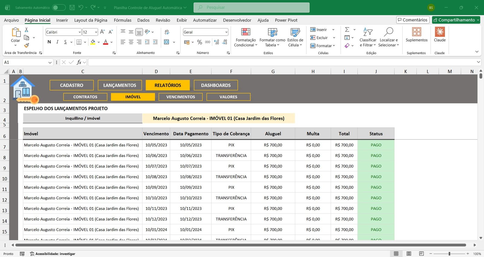 Planilha de Controle de Recebimento de Aluguéis em Excel - Imagem 9