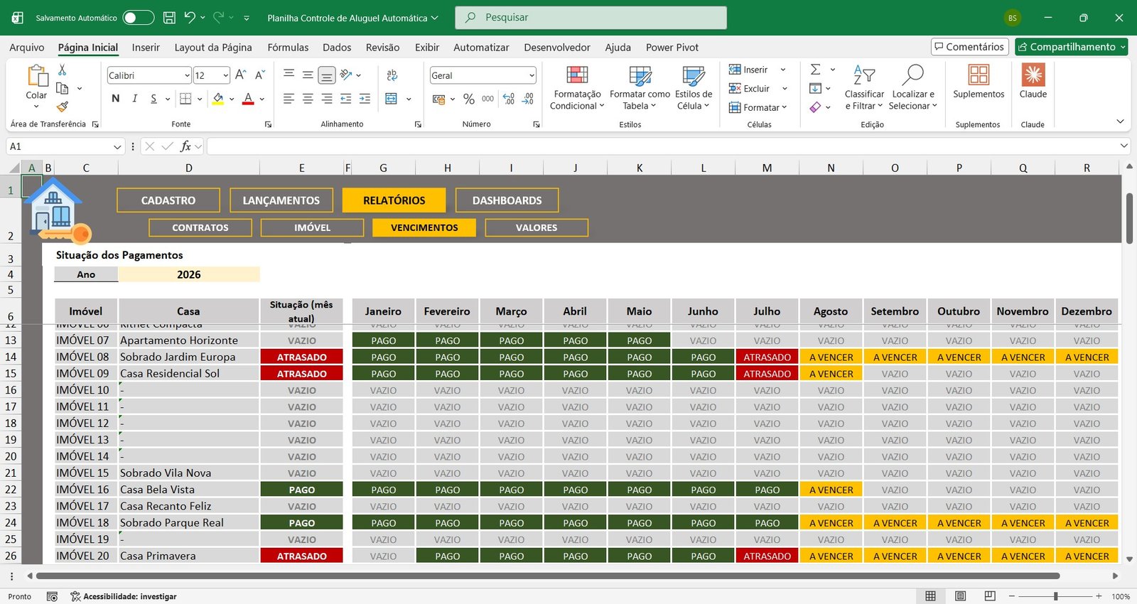 Planilha de Controle de Recebimento de Aluguéis em Excel - Imagem 2
