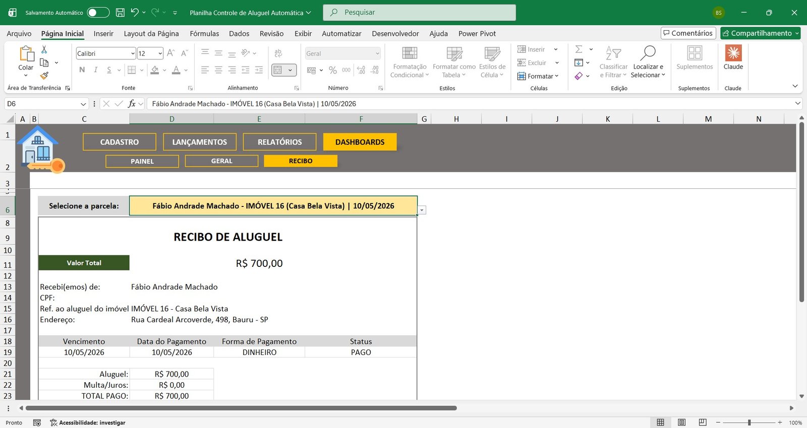 Planilha de Controle de Recebimento de Aluguéis em Excel - Imagem 12