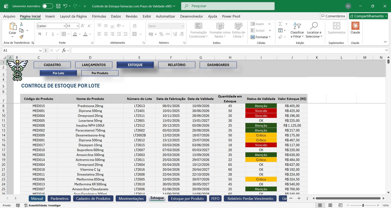 Planilha Controle de Estoque para Farmácia em Excel - Imagem 3