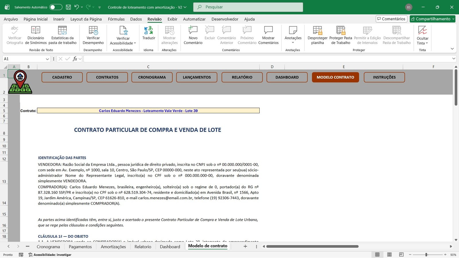 Planilha para Controle de Parcelamento de Lotes e Terrenos em Excel