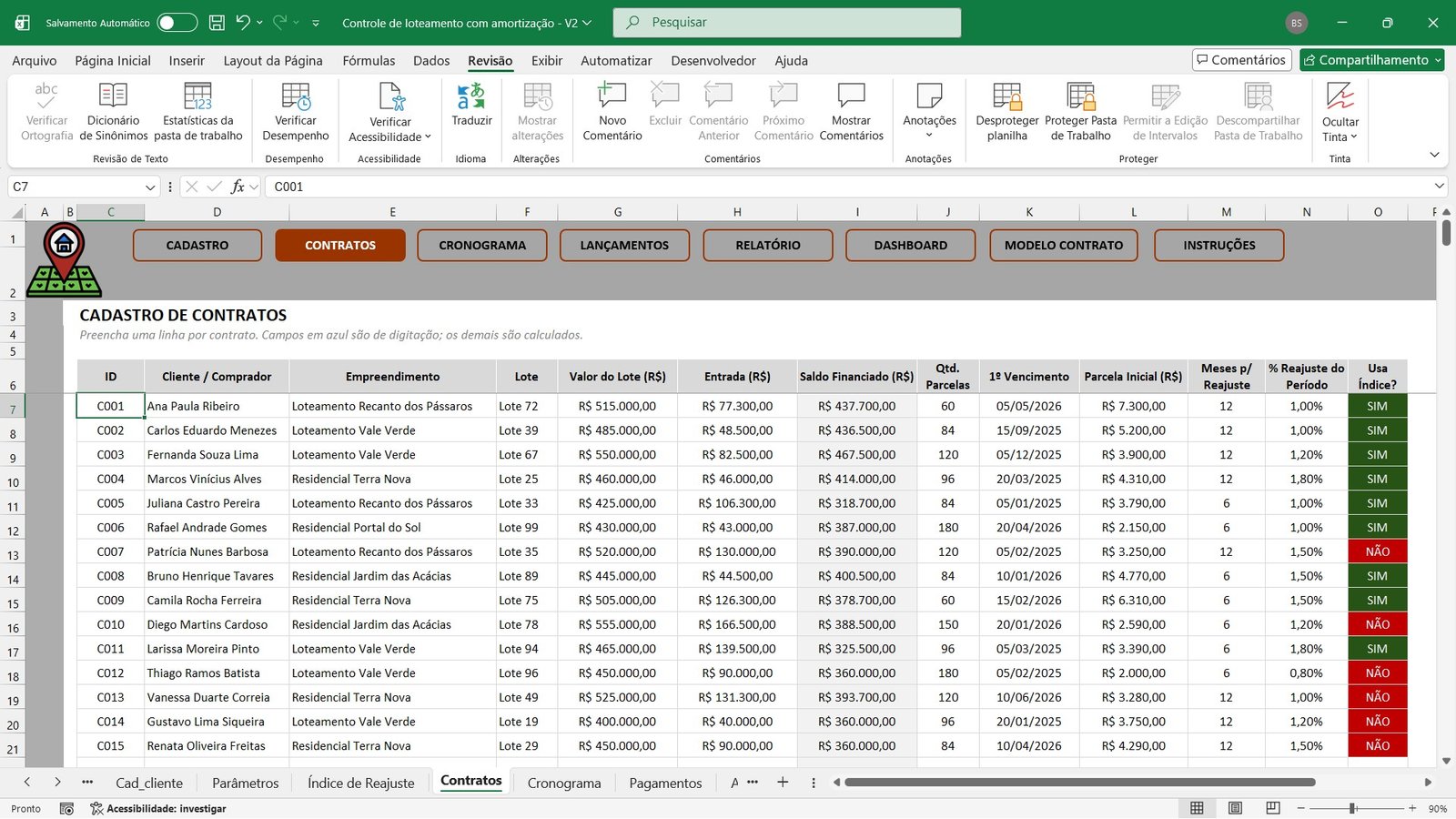 Planilha para Controle de Parcelamento de Lotes e Terrenos em Excel