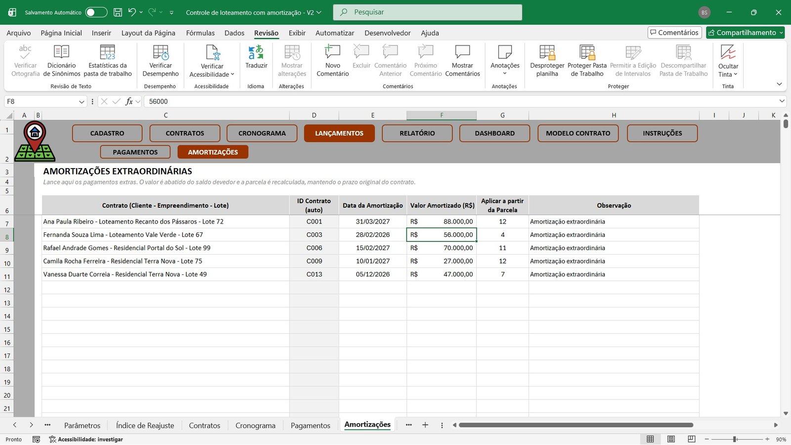Planilha para Controle de Parcelamento de Lotes e Terrenos em Excel