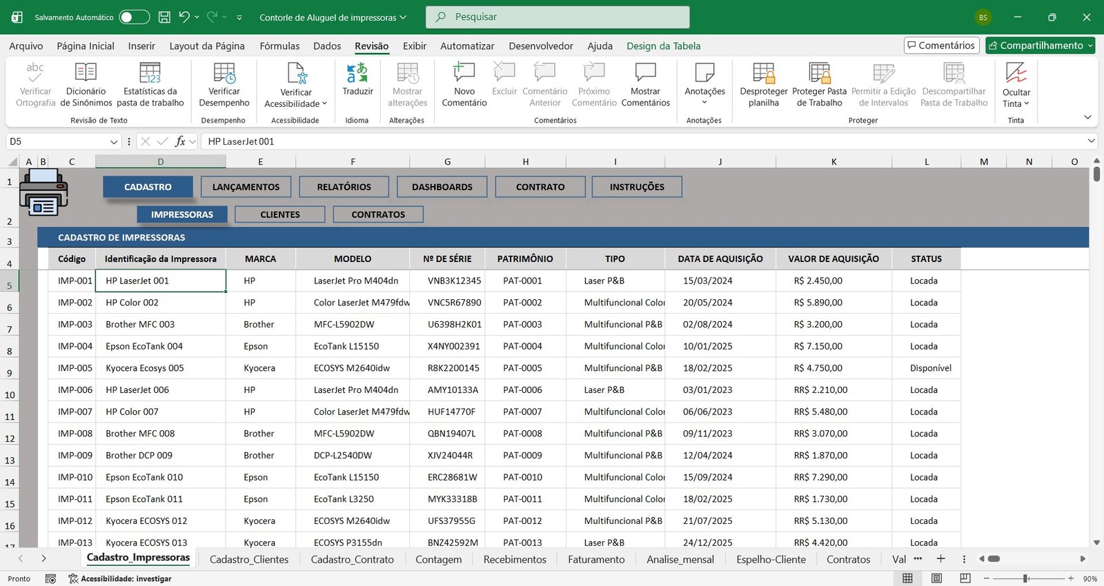 Planilha para Controle de Aluguel de Impressoras em Excel
